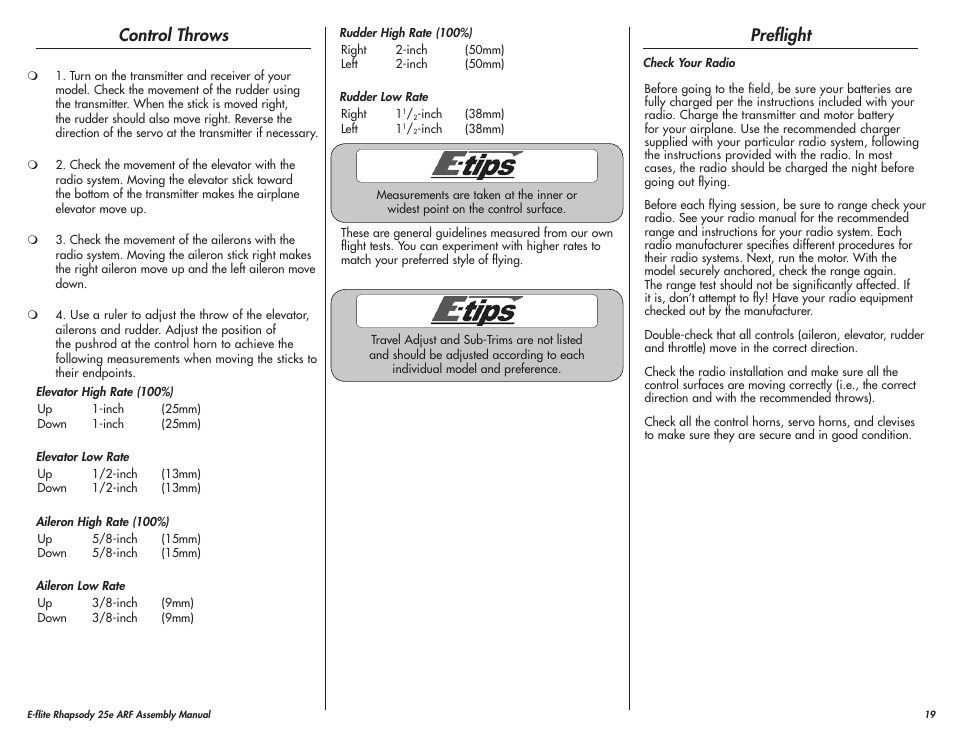 Control throws, Preflight | E-flite Rhapsody 25e ARF User Manual | Page 19 / 24