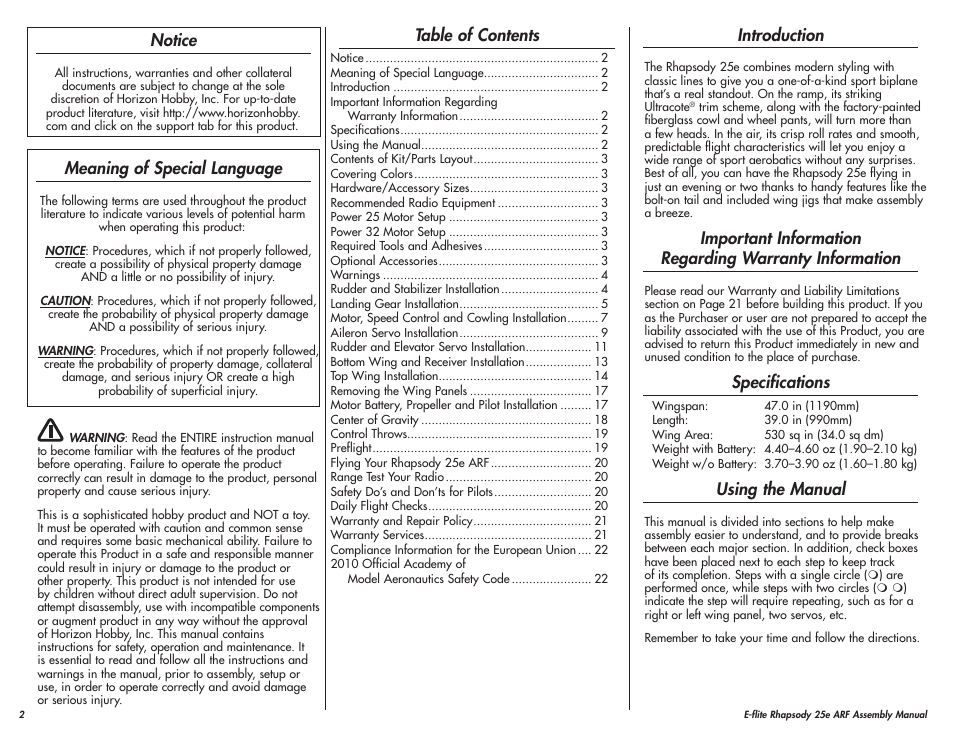 E-flite Rhapsody 25e ARF User Manual | Page 2 / 24