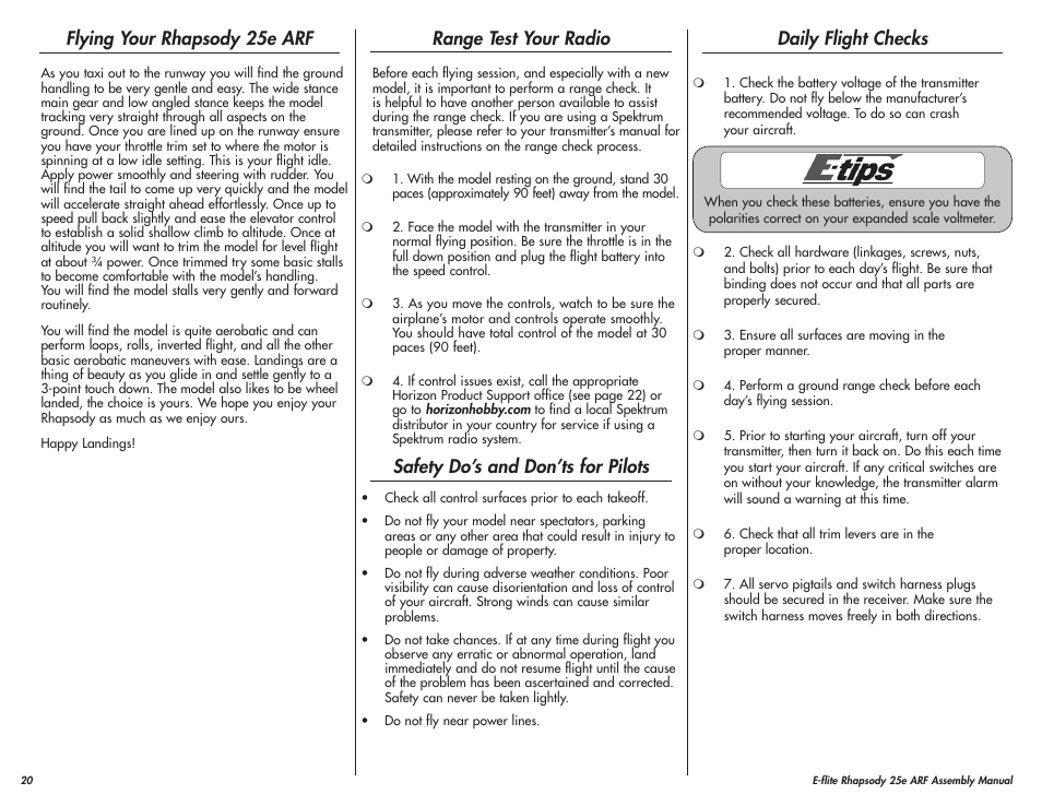 Flying your rhapsody 25e arf, Range test your radio, Safety do’s and don’ts for pilots | Daily flight checks | E-flite Rhapsody 25e ARF User Manual | Page 20 / 24