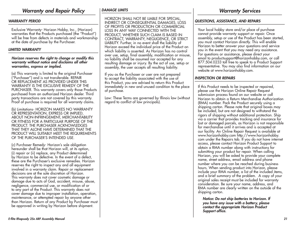 Warranty and repair policy, Warranty services | E-flite Rhapsody 25e ARF User Manual | Page 21 / 24