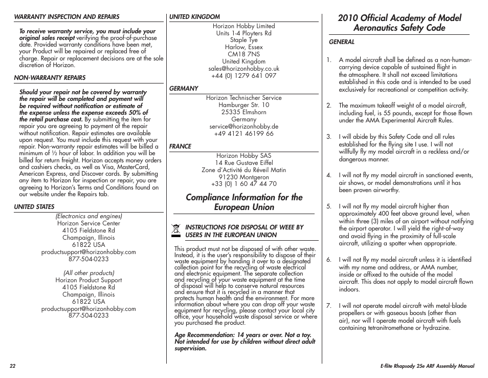 Compliance information for the european union | E-flite Rhapsody 25e ARF User Manual | Page 22 / 24
