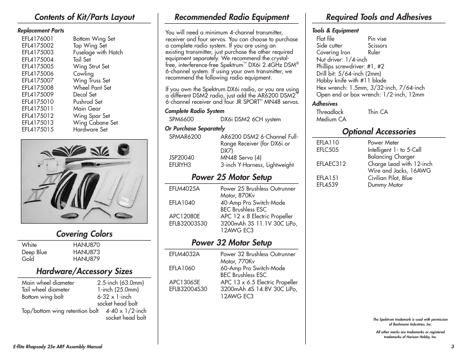 Contents of kit/parts layout, Covering colors, Hardware/accessory sizes | Recommended radio equipment, Power 25 motor setup, Power 32 motor setup, Required tools and adhesives, Optional accessories | E-flite Rhapsody 25e ARF User Manual | Page 3 / 24