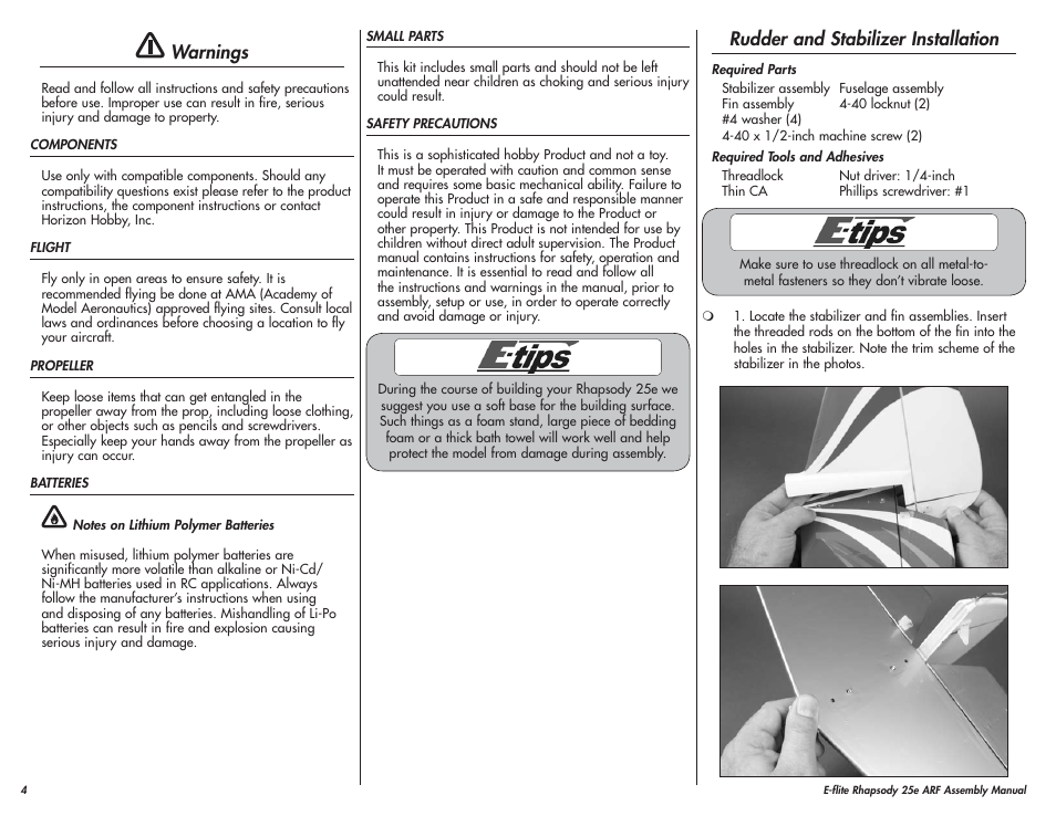Warnings, Rudder and stabilizer installation | E-flite Rhapsody 25e ARF User Manual | Page 4 / 24