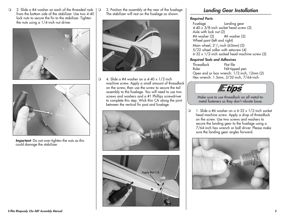 Landing gear installation | E-flite Rhapsody 25e ARF User Manual | Page 5 / 24