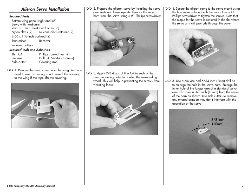 Aileron servo installation | E-flite Rhapsody 25e ARF User Manual | Page 9 / 24