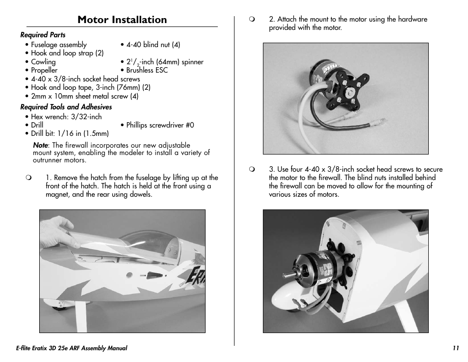 Motor installation | E-flite Eratix 3D 25e ARF User Manual | Page 11 / 32