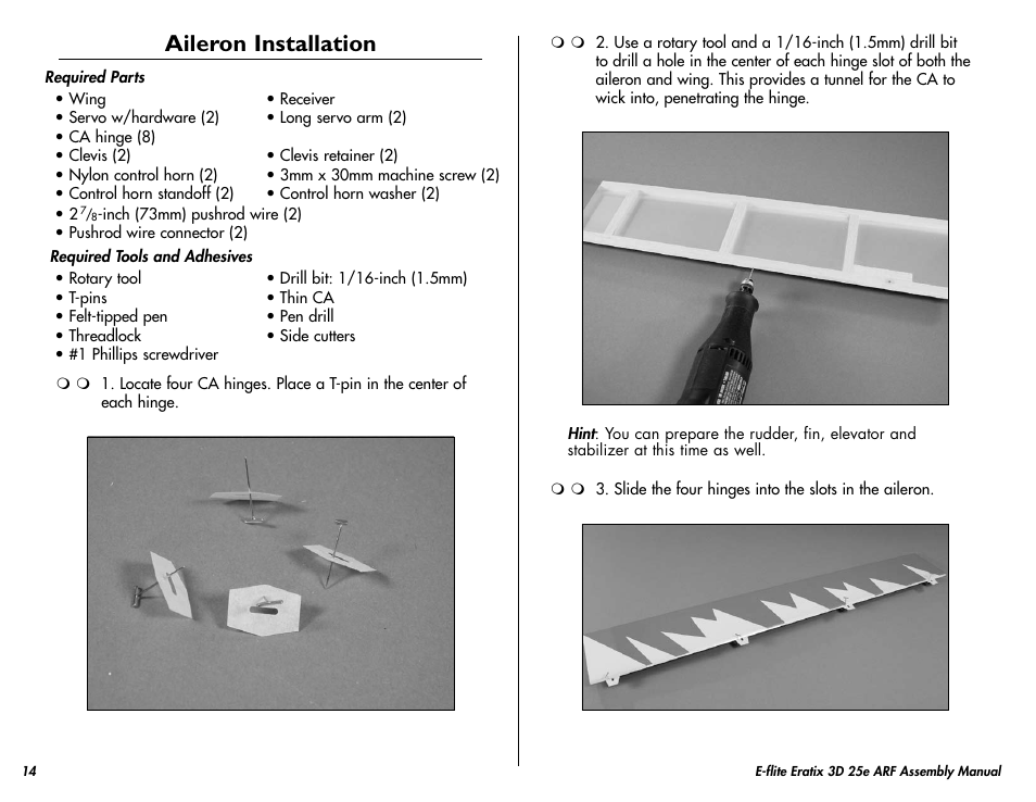 Aileron installation | E-flite Eratix 3D 25e ARF User Manual | Page 14 / 32