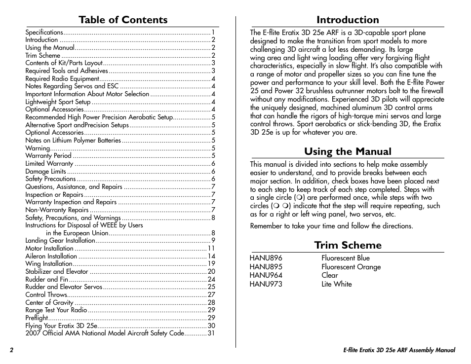 E-flite Eratix 3D 25e ARF User Manual | Page 2 / 32