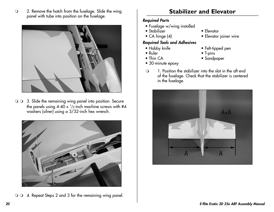 Stabilizer and elevator | E-flite Eratix 3D 25e ARF User Manual | Page 20 / 32