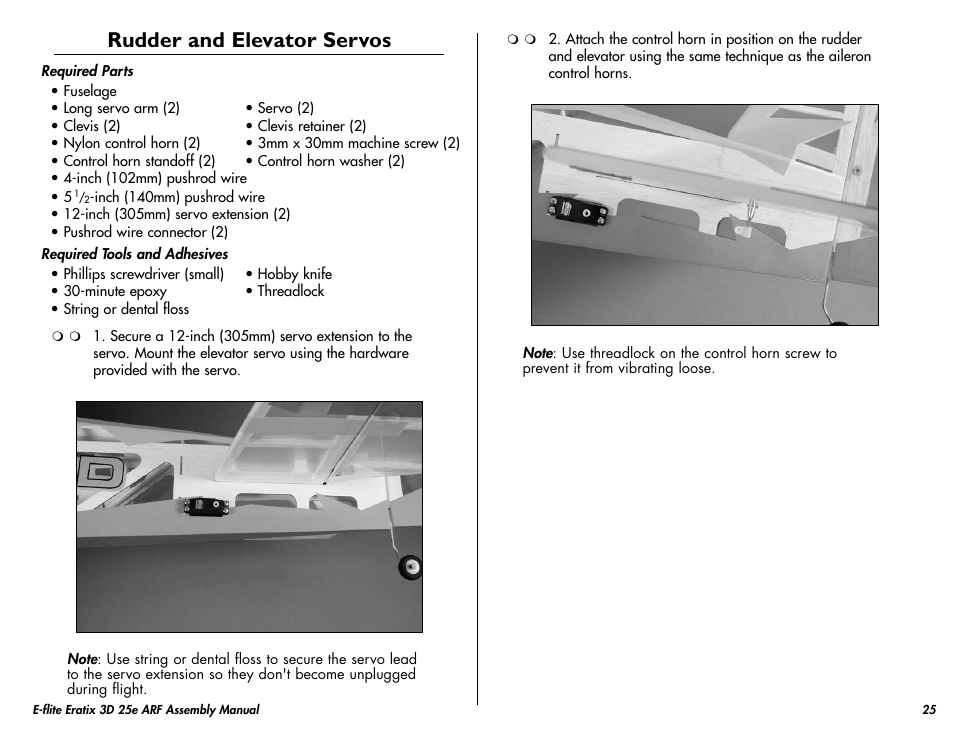 Rudder and elevator servos | E-flite Eratix 3D 25e ARF User Manual | Page 25 / 32