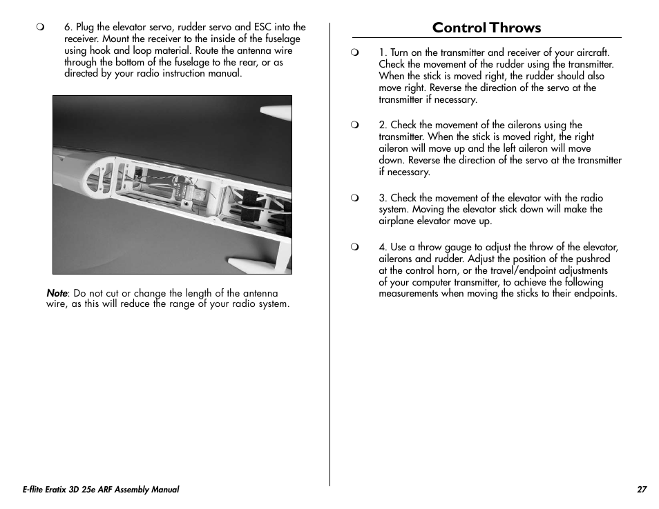 Control throws | E-flite Eratix 3D 25e ARF User Manual | Page 27 / 32