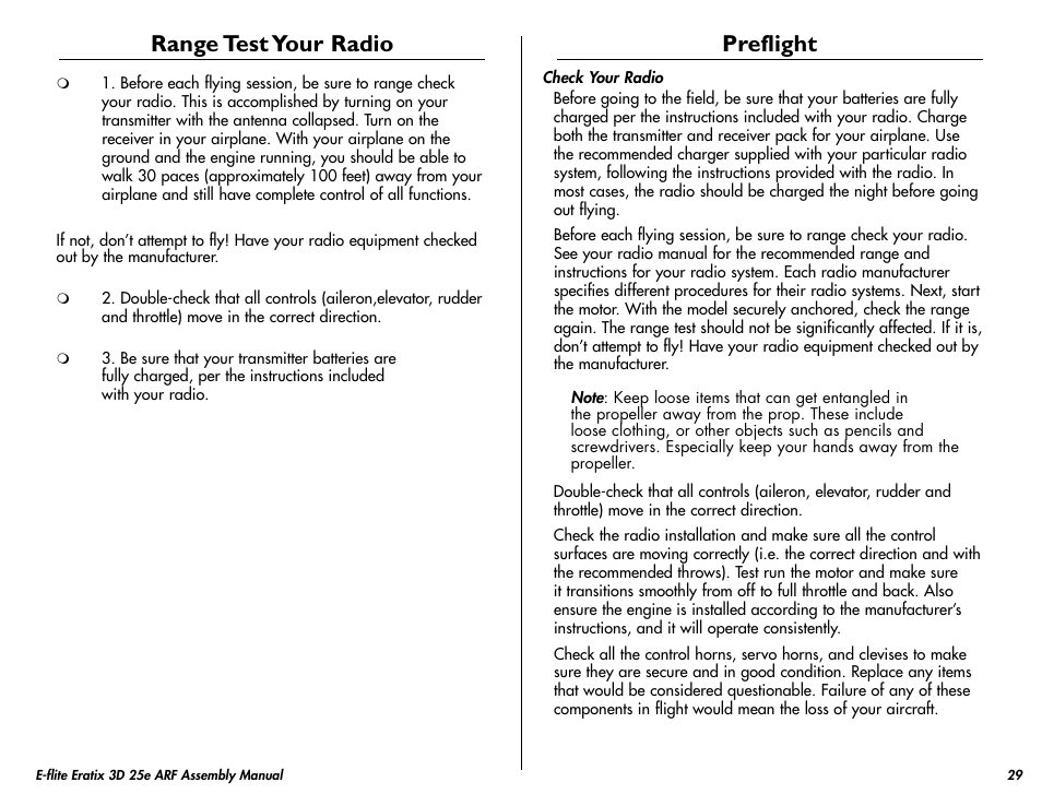 Range test your radio, Preflight | E-flite Eratix 3D 25e ARF User Manual | Page 29 / 32