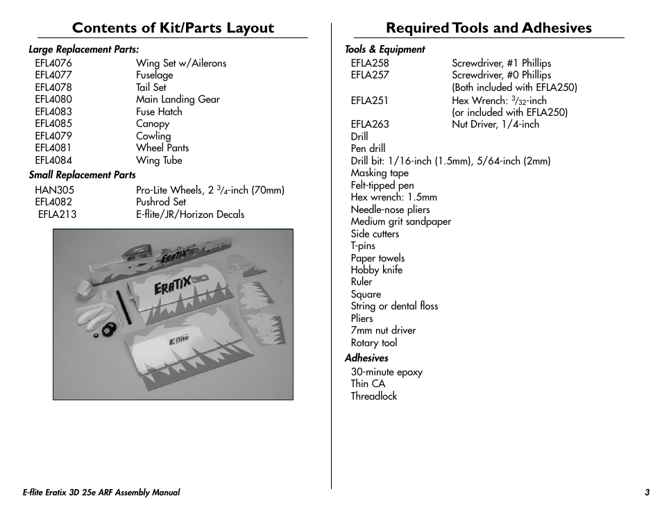 Contents of kit/parts layout, Required tools and adhesives | E-flite Eratix 3D 25e ARF User Manual | Page 3 / 32