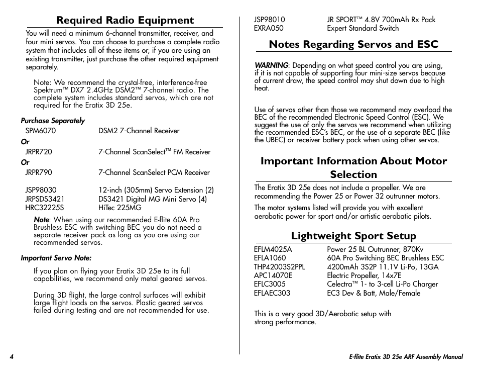 Required radio equipment, Notes regarding servos and esc, Important information about motor selection | Lightweight sport setup, Optional accessories | E-flite Eratix 3D 25e ARF User Manual | Page 4 / 32