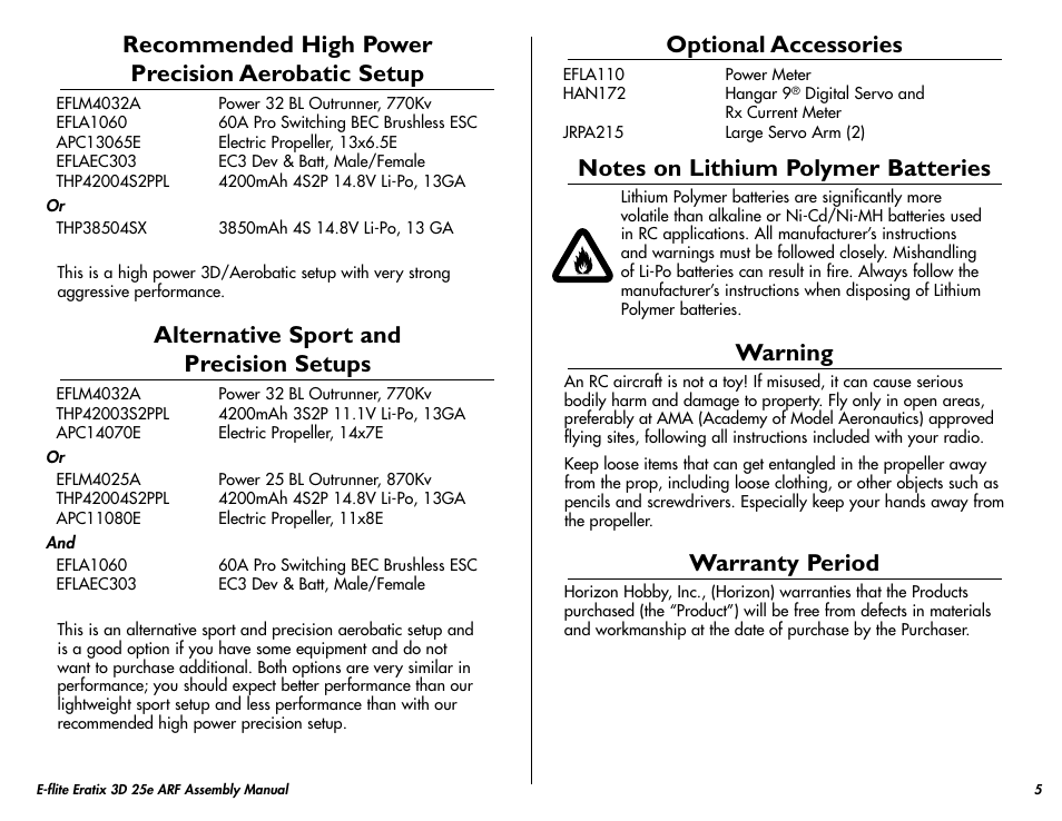 Recommended high power precision aerobatic setup, Alternative sport andprecision setups, Optional accessories | Notes on lithium polymer batteries, Warning, Warranty period, Alternative sport and precision setups | E-flite Eratix 3D 25e ARF User Manual | Page 5 / 32