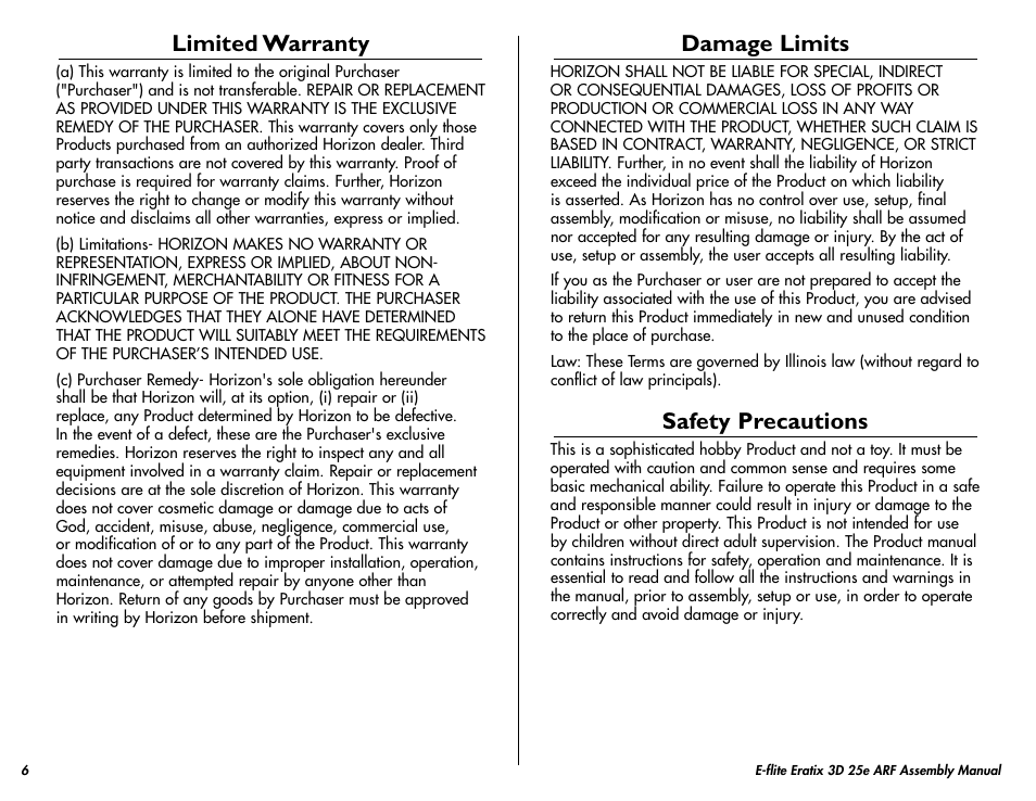 Limited warranty, Damage limits, Safety precautions | E-flite Eratix 3D 25e ARF User Manual | Page 6 / 32