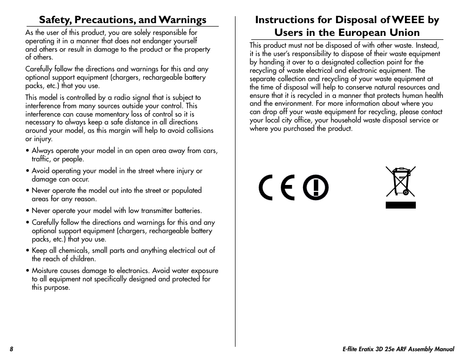 Safety, precautions, and warnings, Instructions for disposal of weee by users, In the european union | E-flite Eratix 3D 25e ARF User Manual | Page 8 / 32