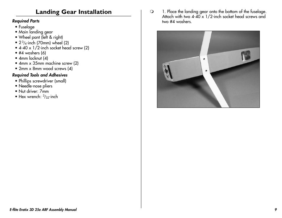 Landing gear installation | E-flite Eratix 3D 25e ARF User Manual | Page 9 / 32