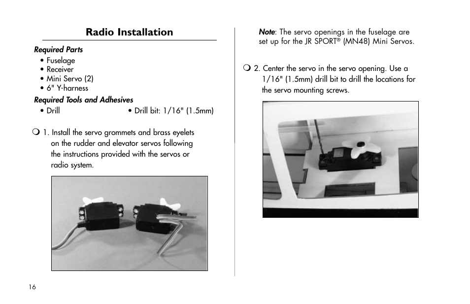 Radio installation, Radio.installation | E-flite J-3 Cub 25 ARF User Manual | Page 16 / 52