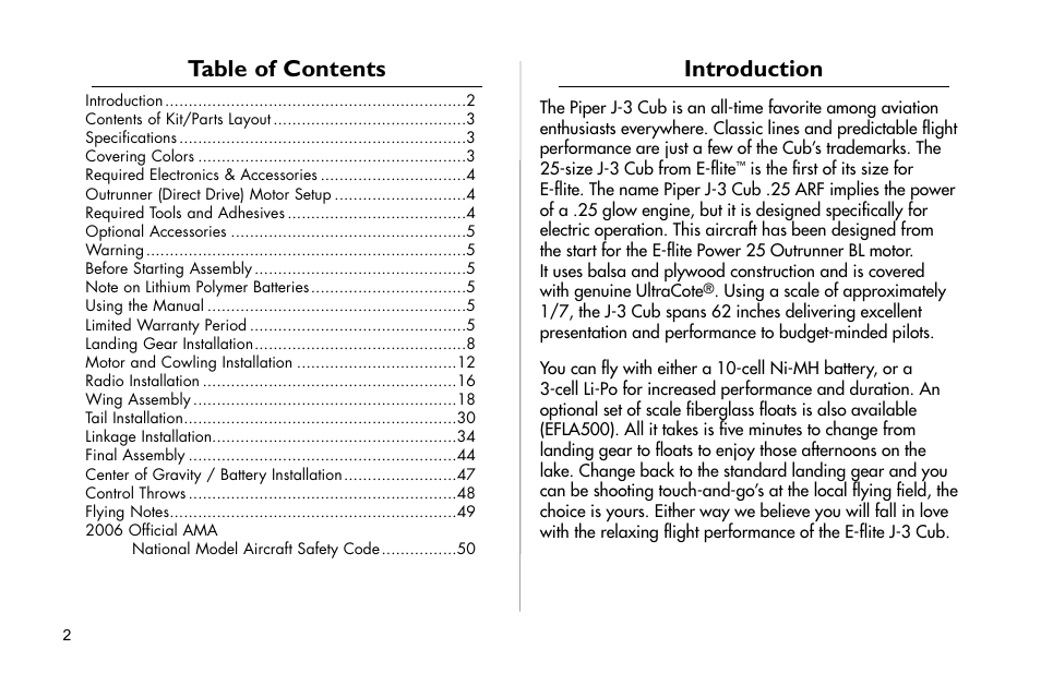 E-flite J-3 Cub 25 ARF User Manual | Page 2 / 52