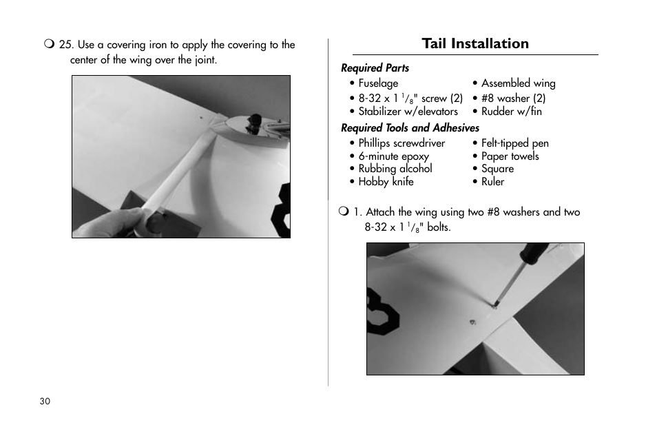 Tail installation, Tail.installation | E-flite J-3 Cub 25 ARF User Manual | Page 30 / 52