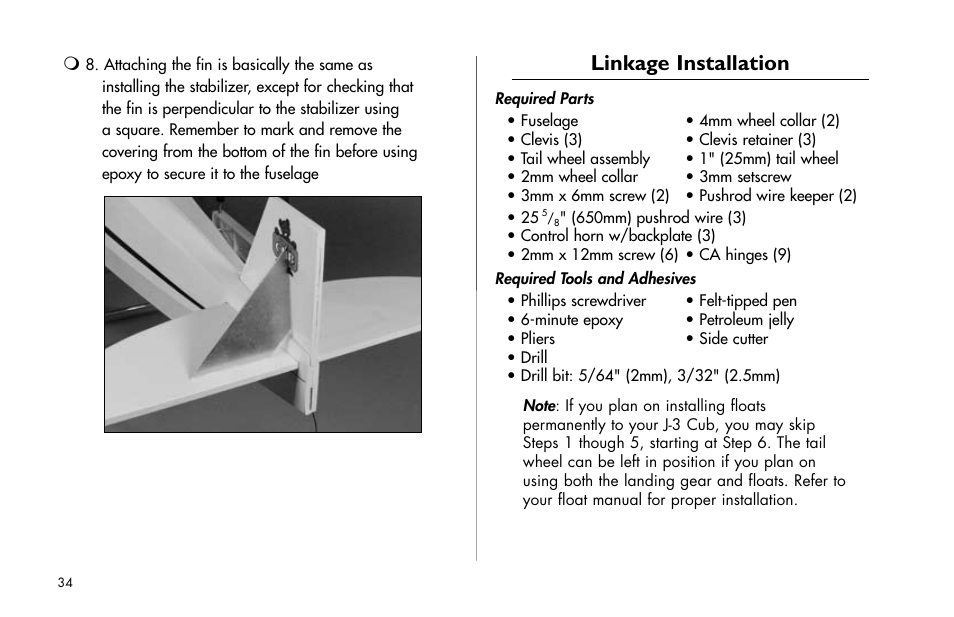Linkage installation, Linkage.installation | E-flite J-3 Cub 25 ARF User Manual | Page 34 / 52