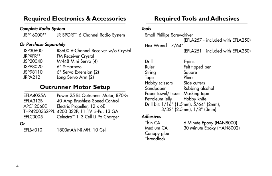 Required electronics & accessories, Outrunner (direct drive) motor setup, Required tools and adhesives | Required.electronics.&.accessories, Outrunner.(direct.drive).motor.setup, Required.tools.and.adhesives, Outrunner motor setup | E-flite J-3 Cub 25 ARF User Manual | Page 4 / 52