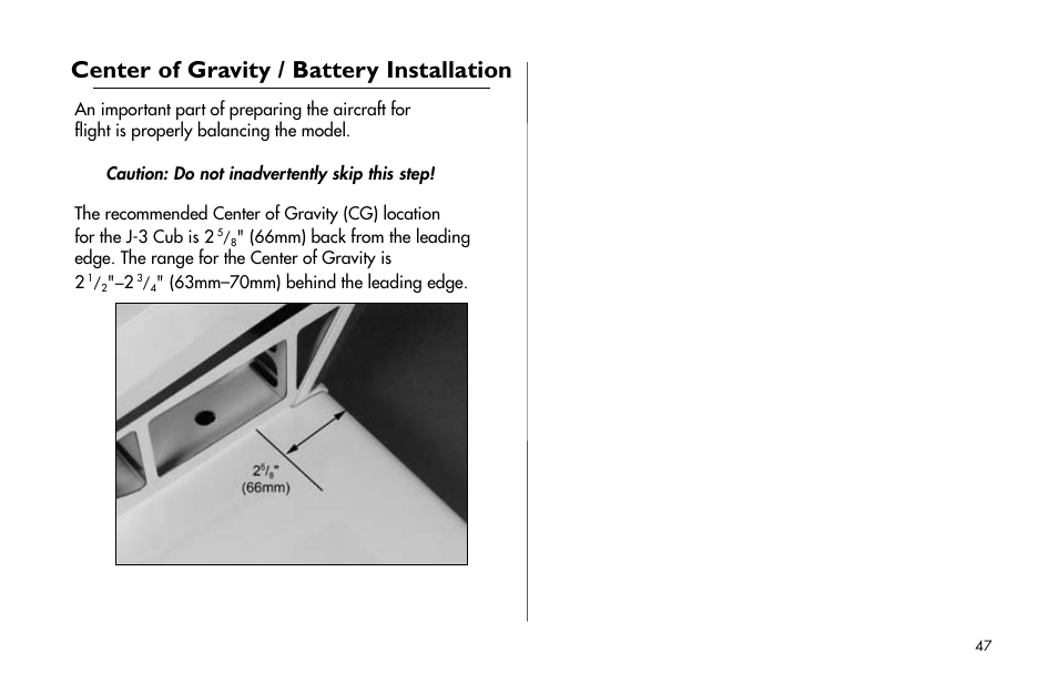 Center of gravity / battery installation, Center.of.gravity./.battery.installation | E-flite J-3 Cub 25 ARF User Manual | Page 47 / 52