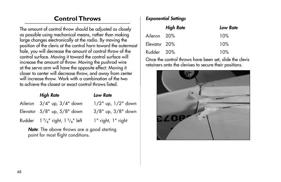 Control throws, Control.throws | E-flite J-3 Cub 25 ARF User Manual | Page 48 / 52