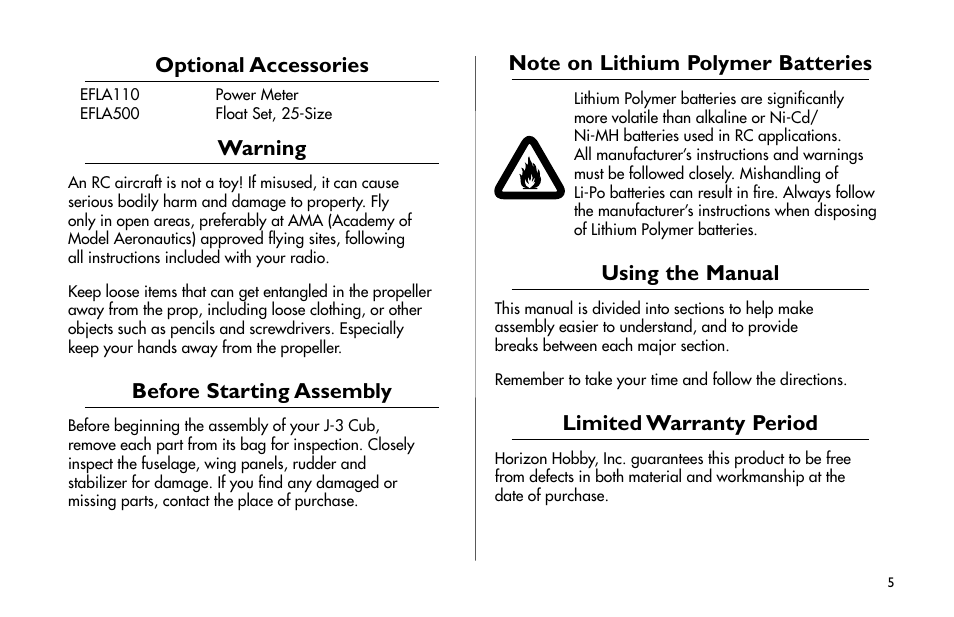 Optional accessories, Warning, Before starting assembly | Note on lithium polymer batteries, Using the manual, Limited warranty period, Optional.accessories, Before.starting.assembly, Note.on.lithium.polymer.batteries, Using.the.manual | E-flite J-3 Cub 25 ARF User Manual | Page 5 / 52