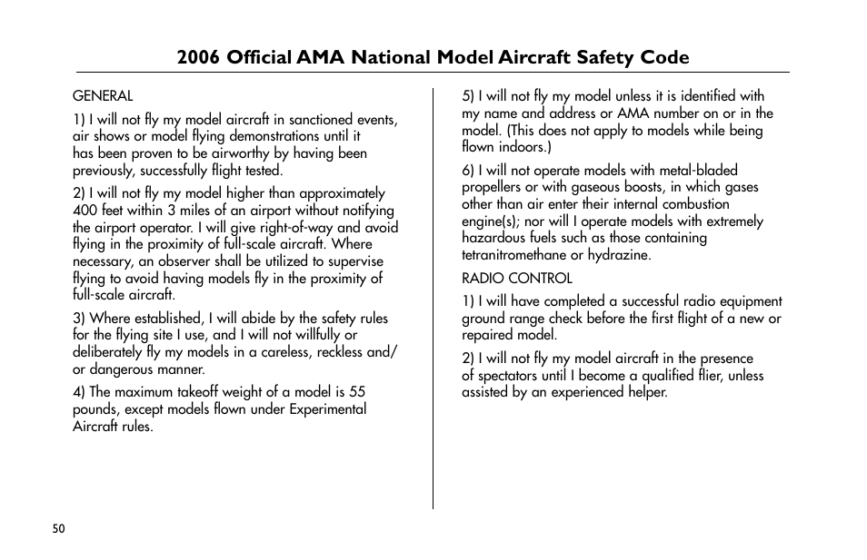 2006.official.ama, National.model.aircraft.safety.code | E-flite J-3 Cub 25 ARF User Manual | Page 50 / 52