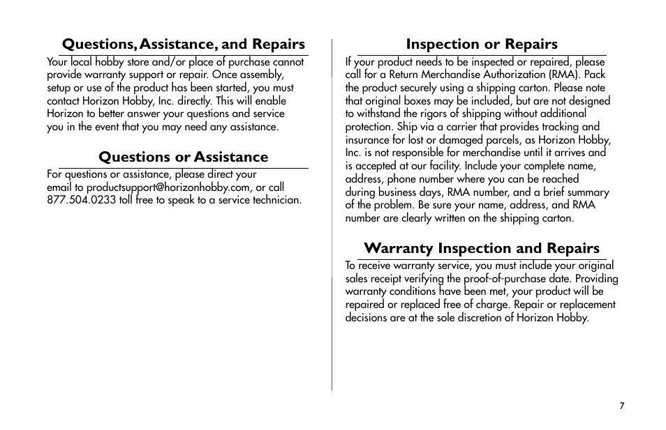 Questions, assistance, and repairs, Questions or assistance, Inspection or repairs | Warranty inspection and repairs | E-flite J-3 Cub 25 ARF User Manual | Page 7 / 52