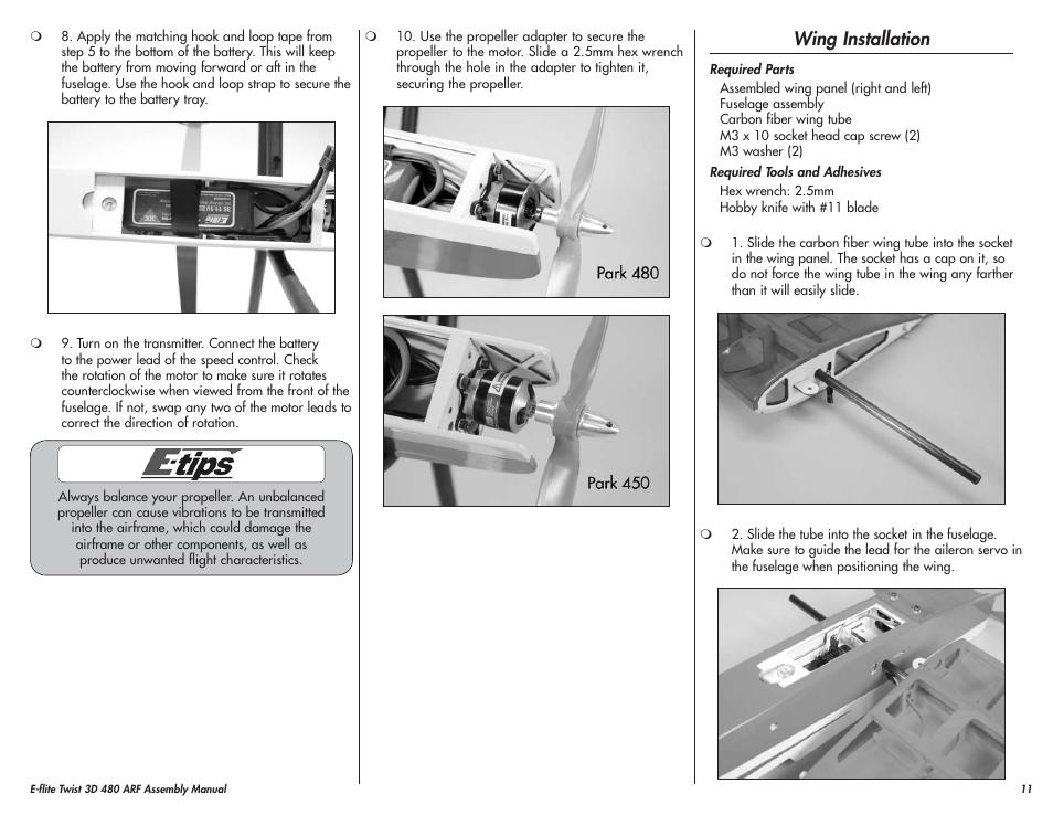 Wing installation | E-flite Twist 3D 480 ARF User Manual | Page 11 / 28