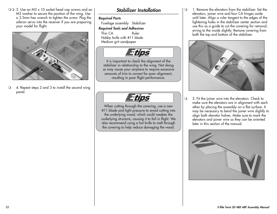 Stabilizer installation | E-flite Twist 3D 480 ARF User Manual | Page 12 / 28