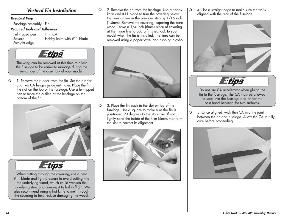 Vertical fin installation | E-flite Twist 3D 480 ARF User Manual | Page 14 / 28