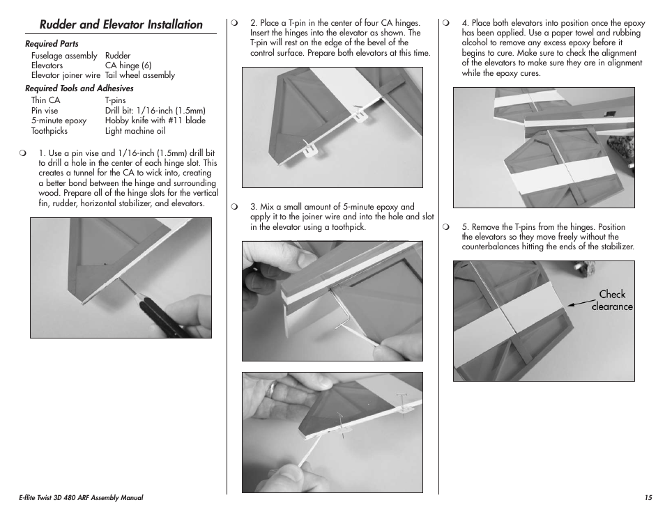 Rudder and elevator installation | E-flite Twist 3D 480 ARF User Manual | Page 15 / 28