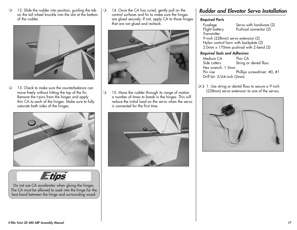 Rudder and elevator servo installation | E-flite Twist 3D 480 ARF User Manual | Page 17 / 28
