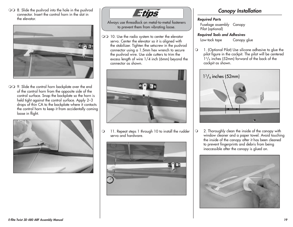 Canopy installation | E-flite Twist 3D 480 ARF User Manual | Page 19 / 28