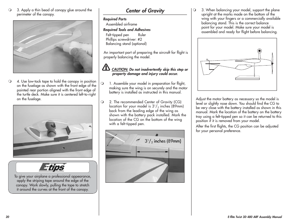 Center of gravity | E-flite Twist 3D 480 ARF User Manual | Page 20 / 28