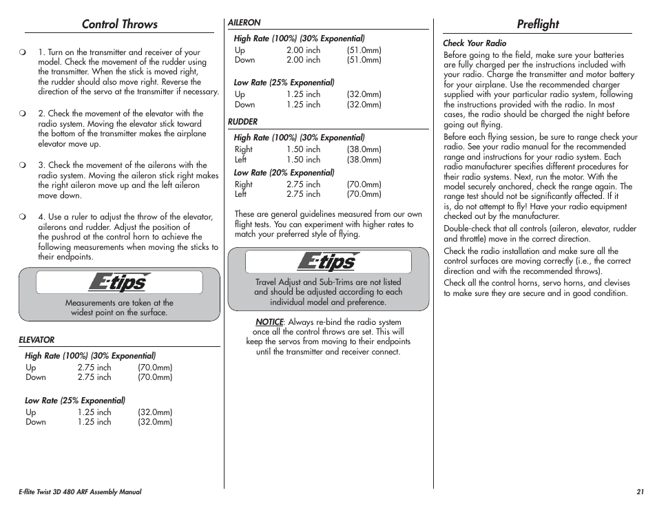 Control throws, Preflight | E-flite Twist 3D 480 ARF User Manual | Page 21 / 28