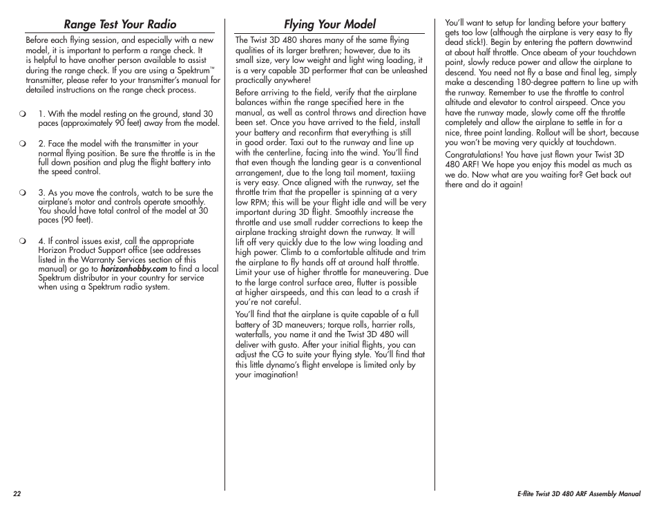 Range test your radio, Flying your model | E-flite Twist 3D 480 ARF User Manual | Page 22 / 28