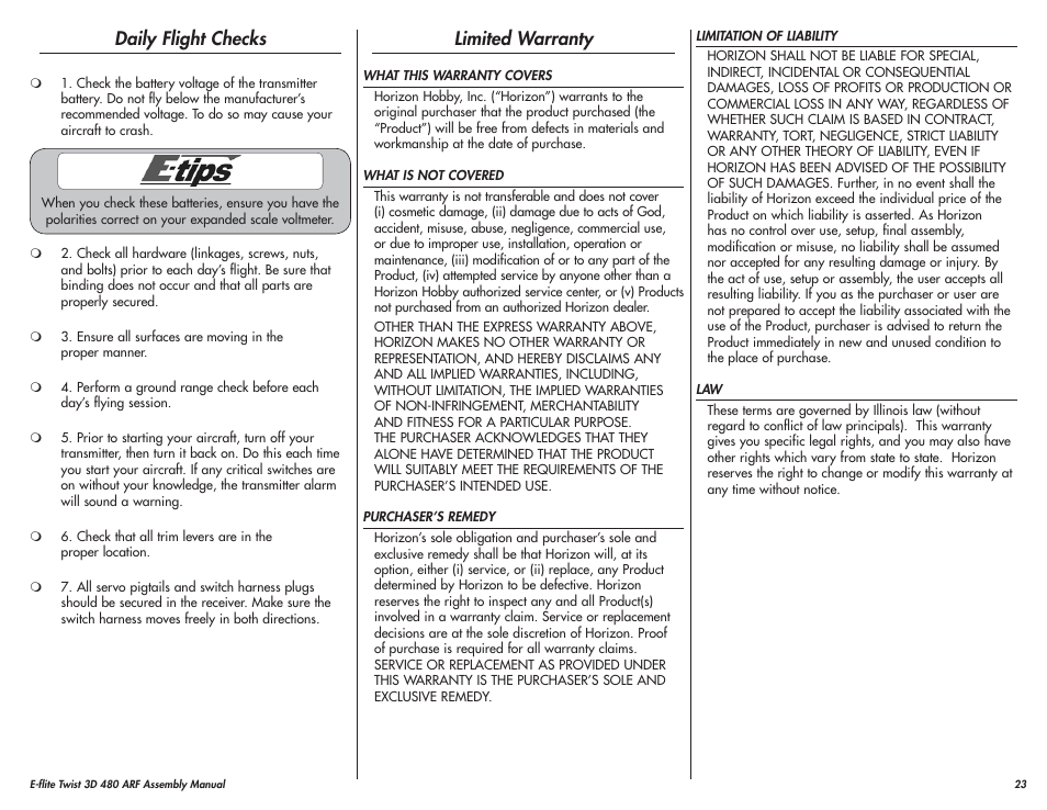 Daily flight checks, Limited warranty | E-flite Twist 3D 480 ARF User Manual | Page 23 / 28