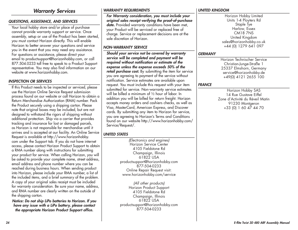Warranty services | E-flite Twist 3D 480 ARF User Manual | Page 24 / 28