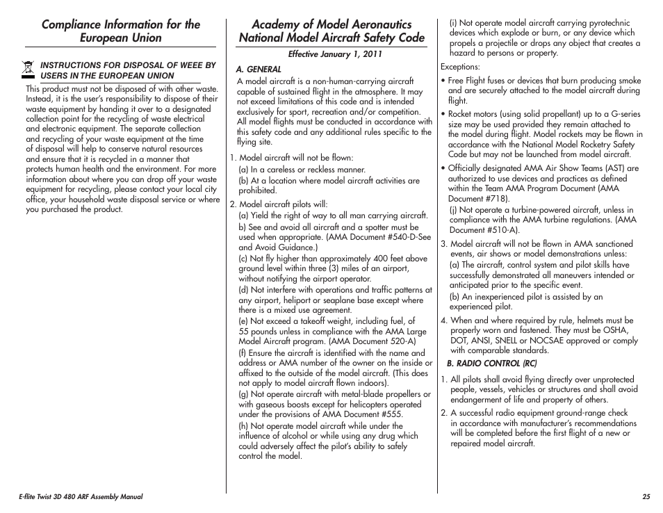 Compliance information for the european union | E-flite Twist 3D 480 ARF User Manual | Page 25 / 28