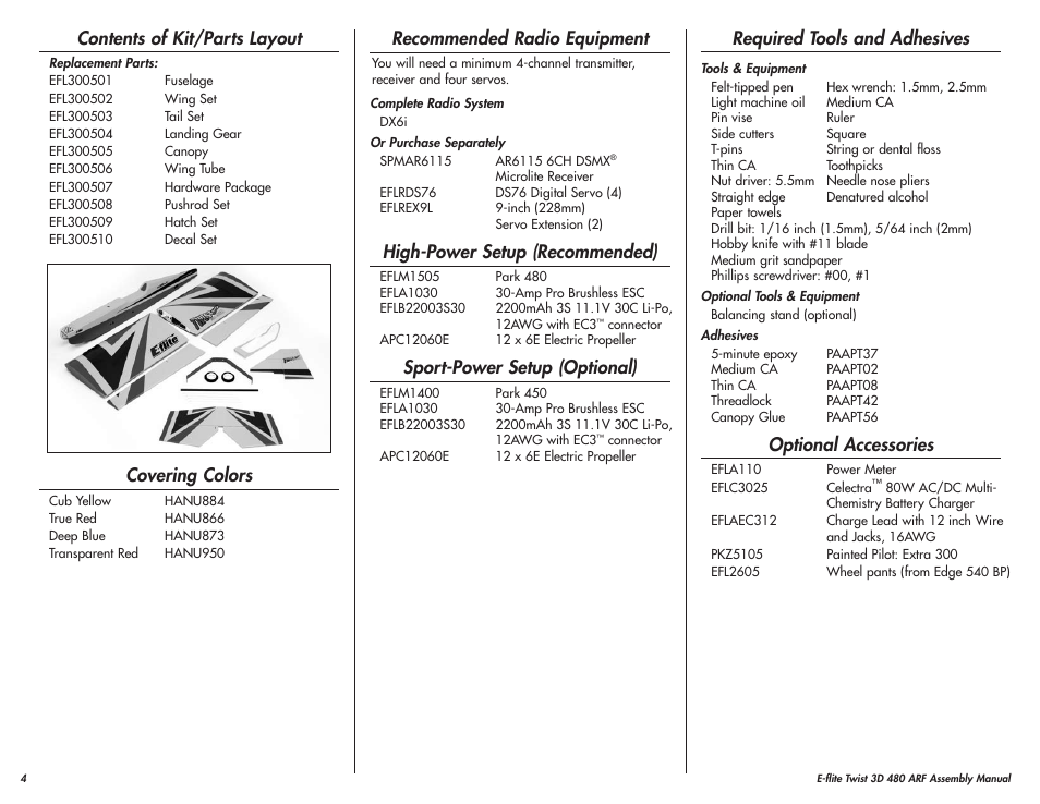 Contents of kit/parts layout, Covering colors, Recommended radio equipment | High-power setup (recommended), Sport-power setup (optional), Required tools and adhesives, Optional accessories | E-flite Twist 3D 480 ARF User Manual | Page 4 / 28