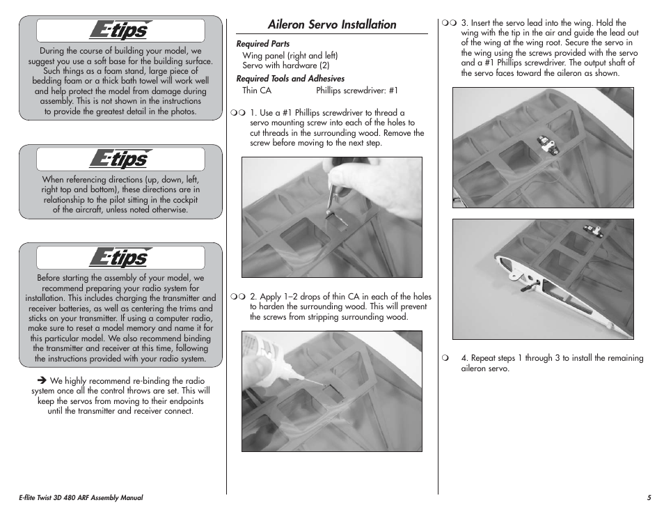 Aileron servo installation | E-flite Twist 3D 480 ARF User Manual | Page 5 / 28
