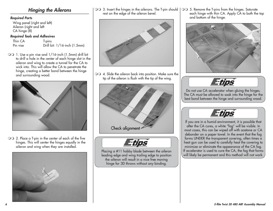 Hinging the ailerons | E-flite Twist 3D 480 ARF User Manual | Page 6 / 28
