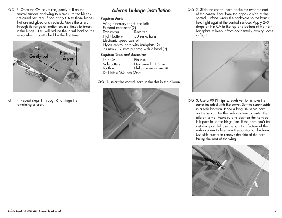 Aileron linkage installation | E-flite Twist 3D 480 ARF User Manual | Page 7 / 28