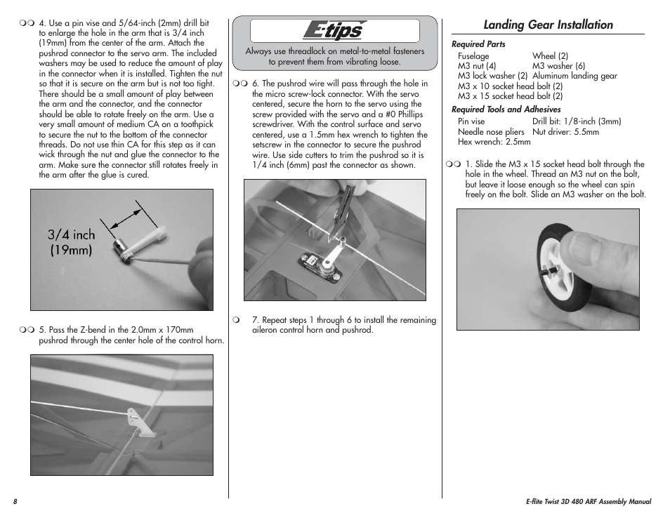 Landing gear installation | E-flite Twist 3D 480 ARF User Manual | Page 8 / 28
