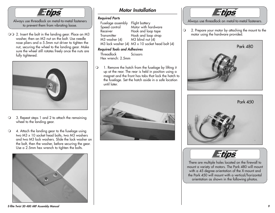 Motor installation | E-flite Twist 3D 480 ARF User Manual | Page 9 / 28